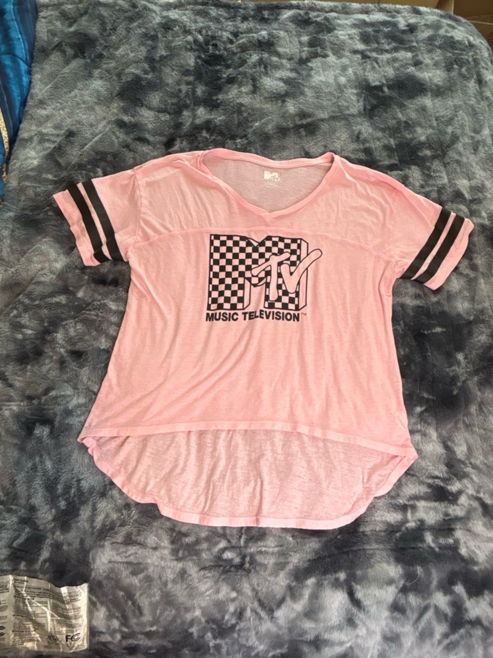 MTV Pink Short Sleeve Tee with Black Checker Logo and Sleeve Stripes